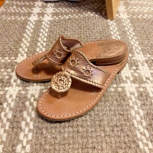 JACK ROGERS Original Jacks Leather Flat Sandal Metallic Rose Gold EUC Sz 7.5